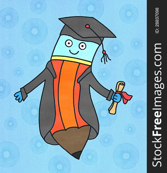 A funny looking cartoon pencil wearing graduation clothes. A funny looking cartoon pencil wearing graduation clothes