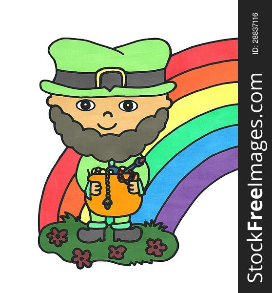 A leprechaun with a pot of gold is standing at the end of a rainbow