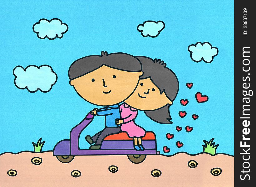 A young man driving a scooter and accompanied by his girlfriend. A young man driving a scooter and accompanied by his girlfriend