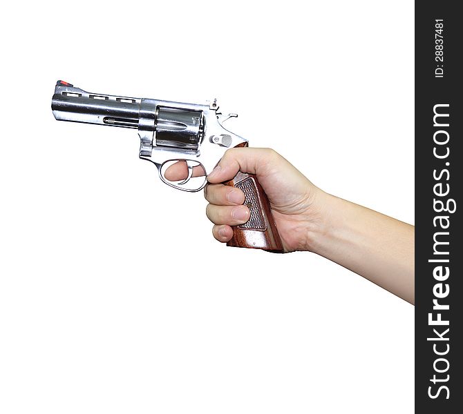 Hand holding a gun on white background