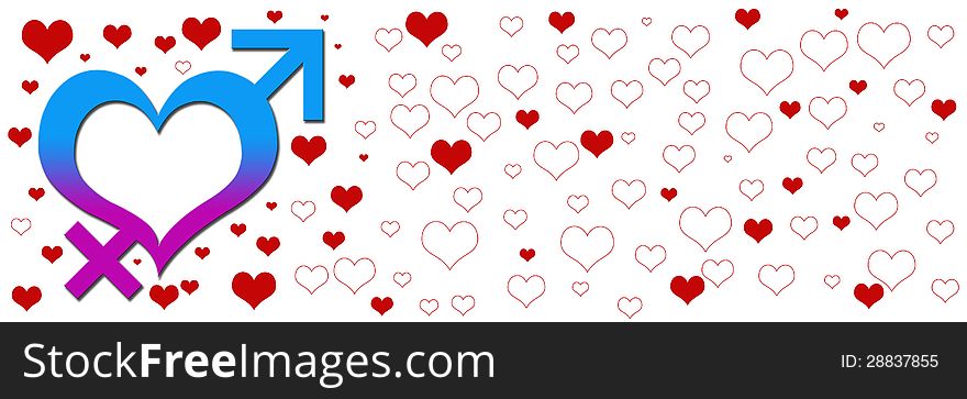 Banner image with blue pink heart symbol with male and female gender symbols. Banner image with blue pink heart symbol with male and female gender symbols