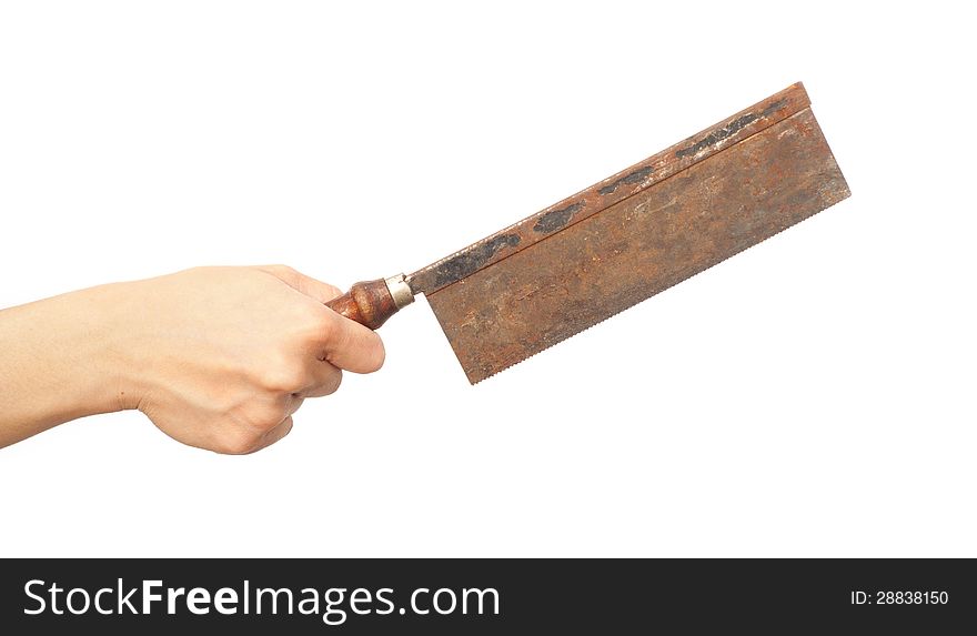 Old and rusty handsaw with wooden handle. Old and rusty handsaw with wooden handle