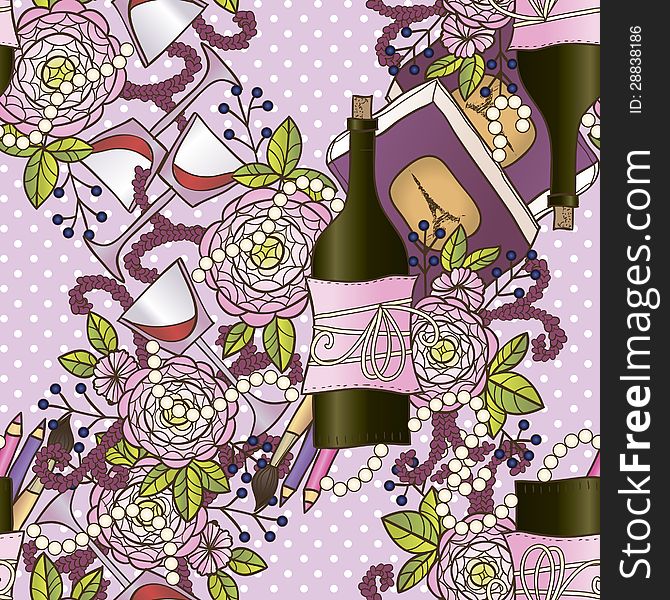 Vector romantic seamless background with wine and flowers. Vector romantic seamless background with wine and flowers