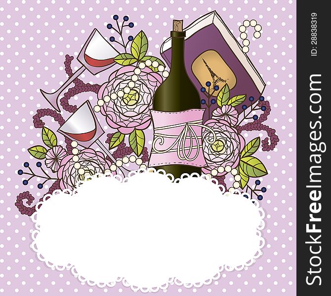 Vector romantic background with wine and flowers. Vector romantic background with wine and flowers