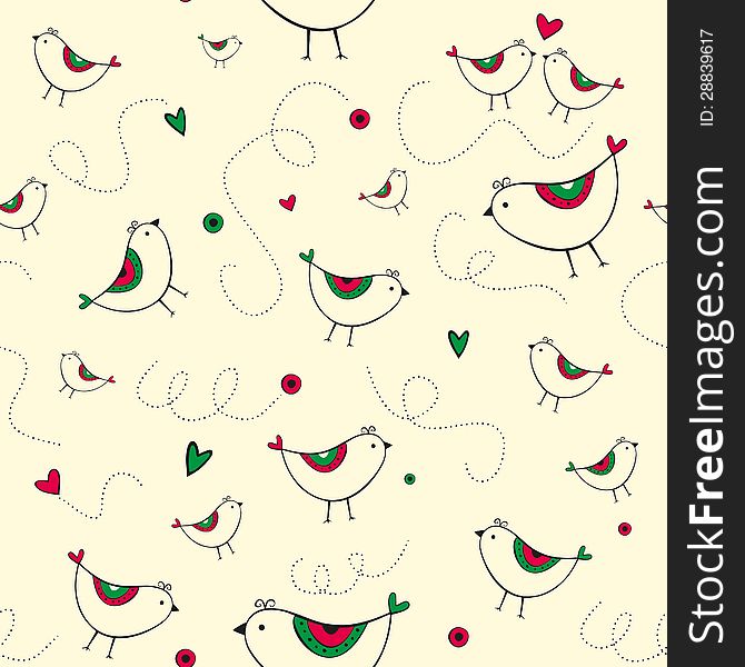 Seamless pattern with birds and hearts on the yellow background