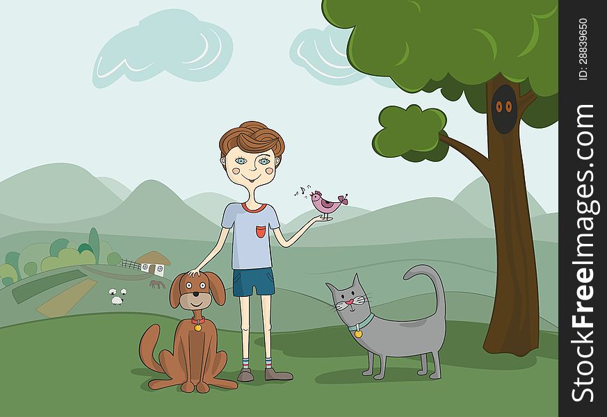 Illustration of boy with pets