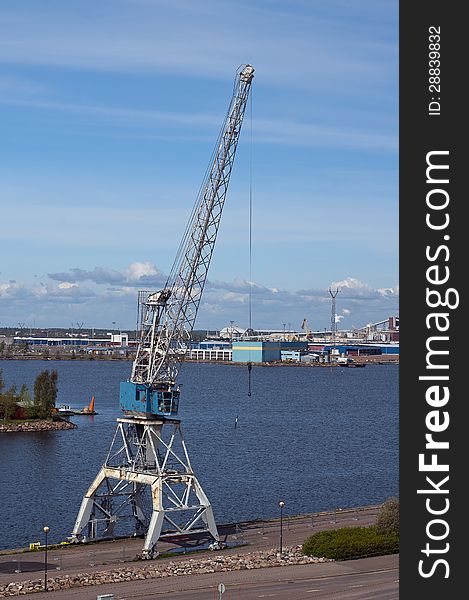 The port crane on rails in the Finnish city of Kotka