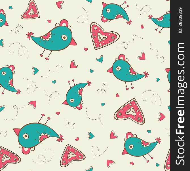 Seamless Pattern With Birds And Hearts