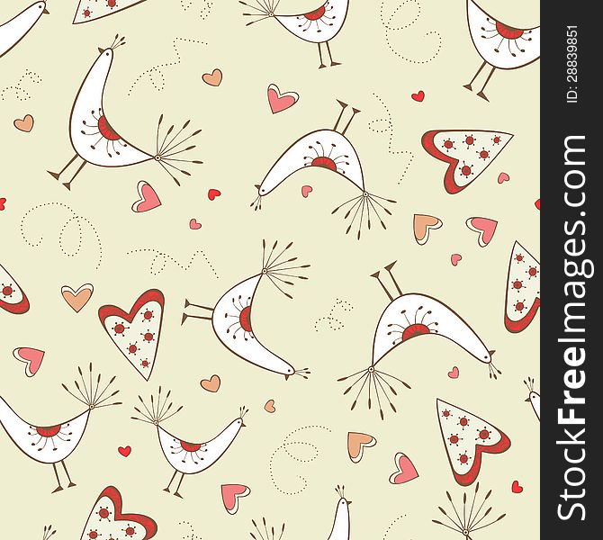 Seamless Pattern With Birds And Hearts