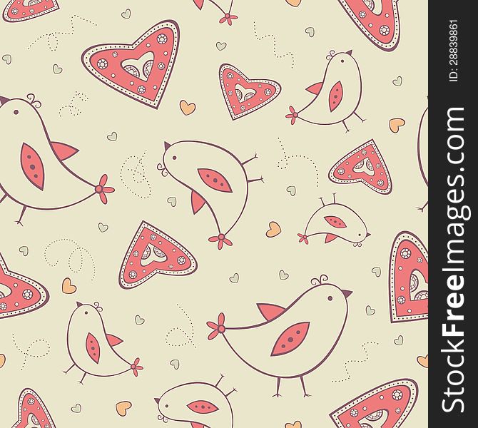 Seamless pattern with birds and hearts on the yellow background