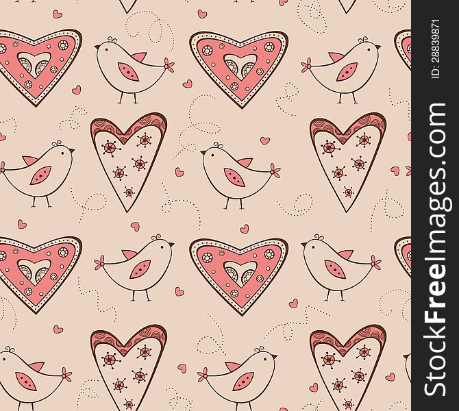 Seamless pattern with birds and hearts horizontal position