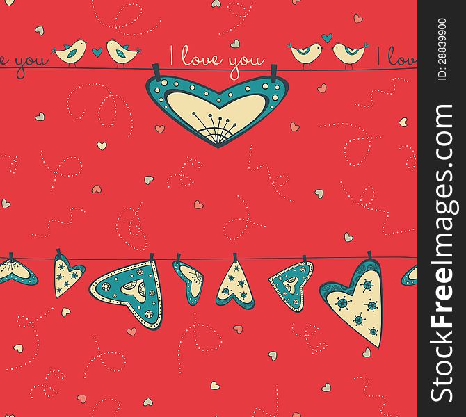 Seamless pattern with birds in love and hearts