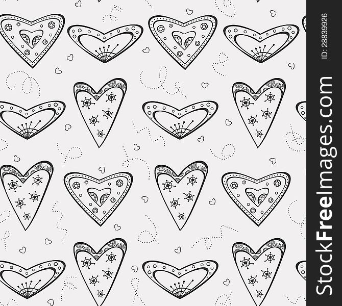 Seamless pattern with black ornamental hearts. Seamless pattern with black ornamental hearts