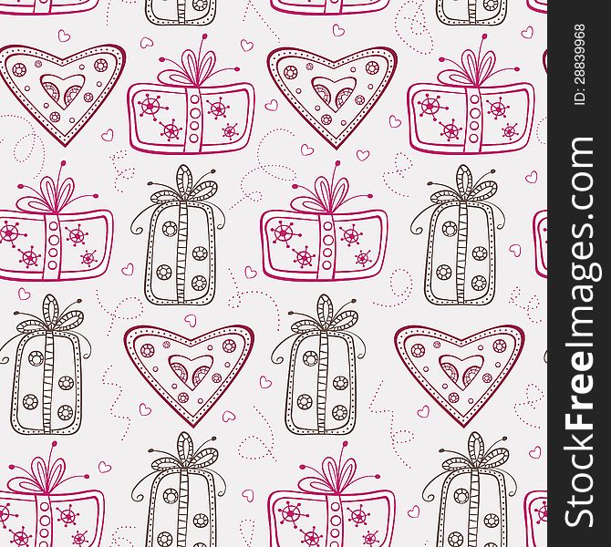 Seamless Pattern With Gifts And Hearts