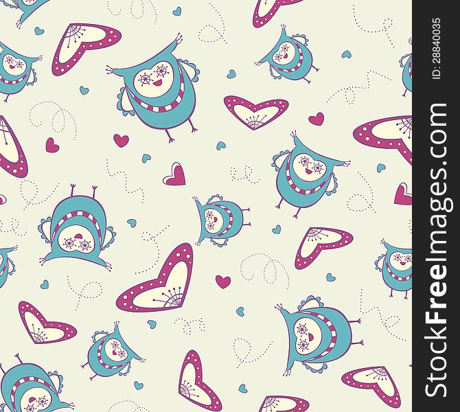 Seamless pattern with owls and hearts on the yellow background