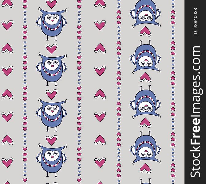 Seamless pattern with owls and hearts on the grey background