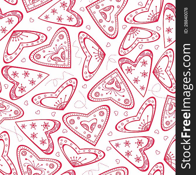 Seamless pattern with red hearts on the white background