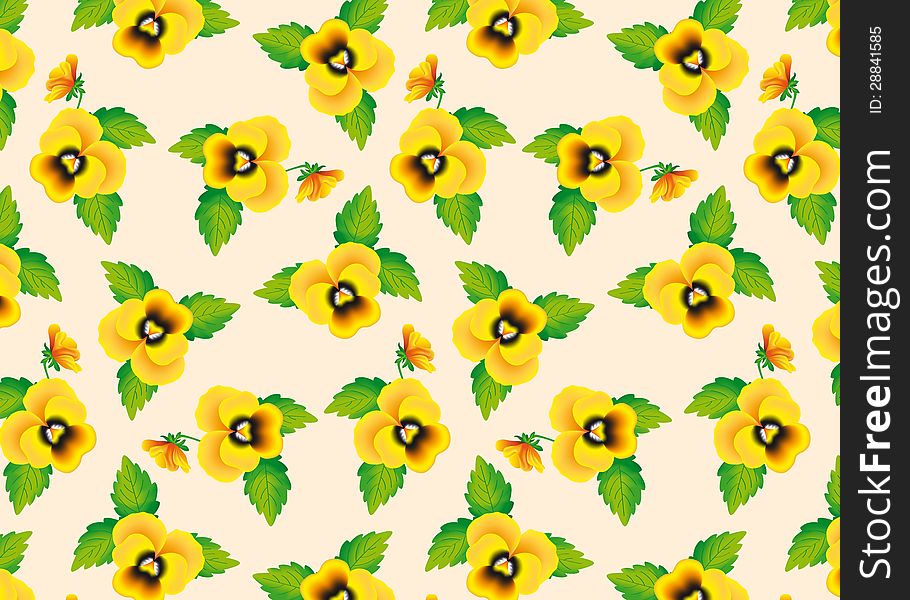 Seamless pattern with pansies yellow flowers, vector drawing. Seamless pattern with pansies yellow flowers, vector drawing.