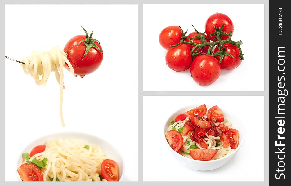 Set with cherry tomatoes and spaghetti on white background