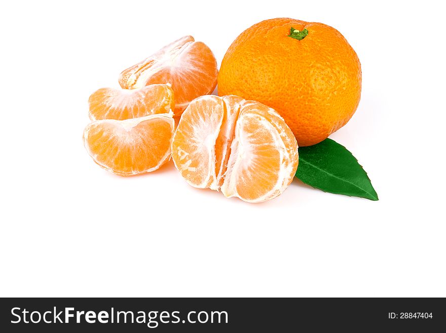 tangerine with leaf,  on white background
