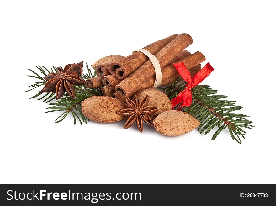 Christmas decoration with fragrant spices on white. Christmas decoration with fragrant spices on white