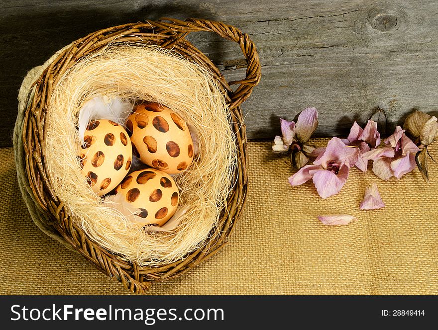 Three dotted easter eggs in the nest of false grass, rustic. Three dotted easter eggs in the nest of false grass, rustic