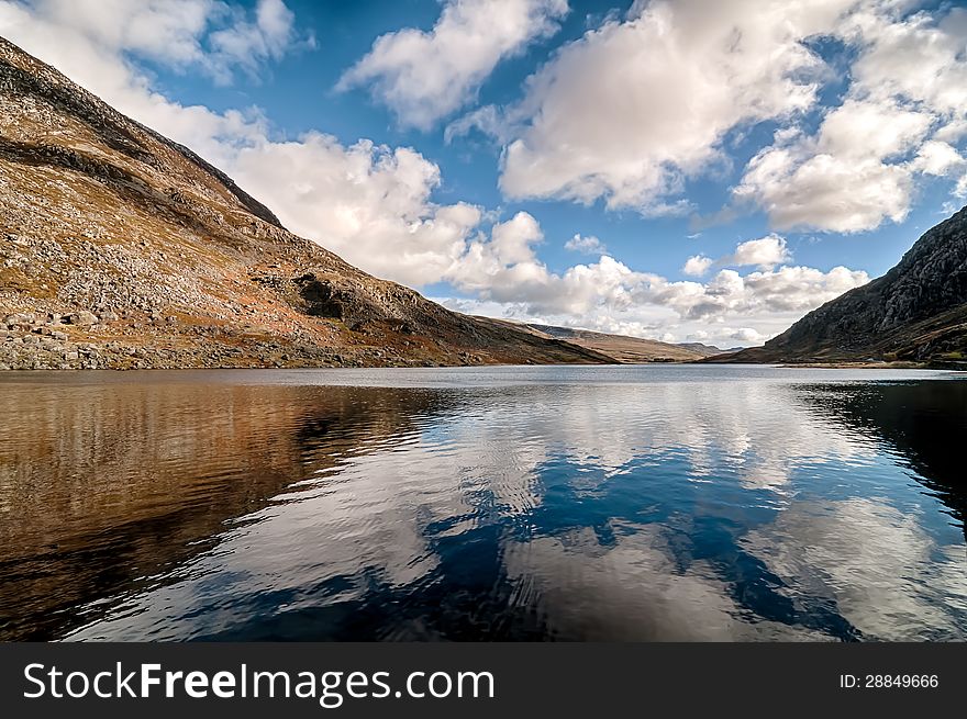 View of Llyn Ogwen looking East, showing a beautiful reflection on the lake in Autumn