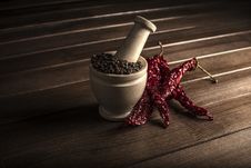 Marble Mortar With Spices Black Pepper And Red Hot Pepper Royalty Free Stock Photos Marble Mortar With Spices Black Pepper And Red Hot Pepper Royalty Free Stock Photos