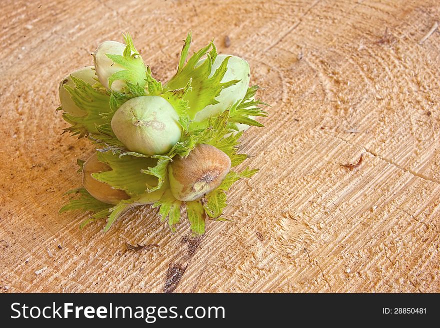 Tasty fresh green hazelnut on  brown background