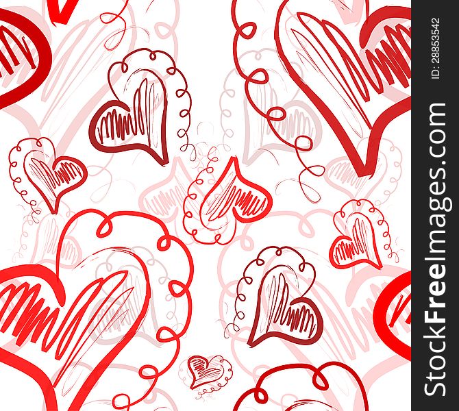 Romantic seamless pattern with abstract red hearts for valentines day