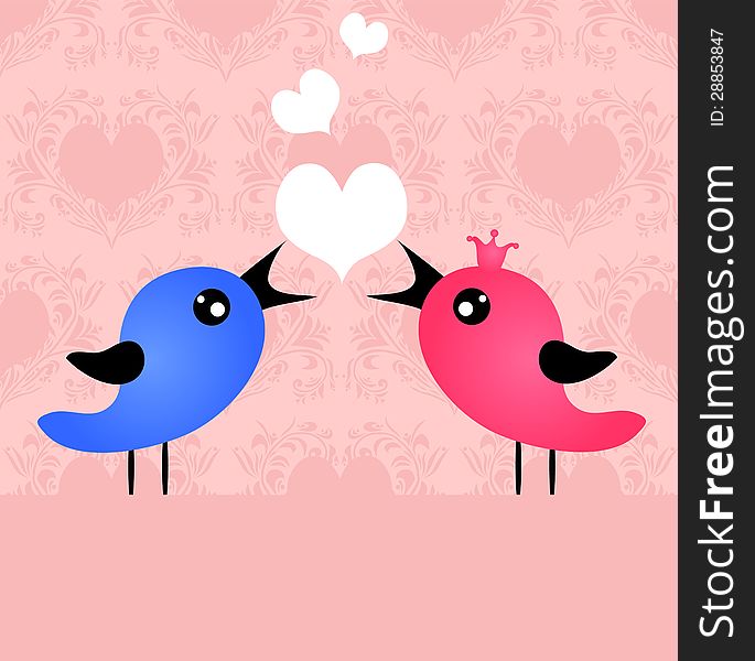 Romantic card with two birds in love