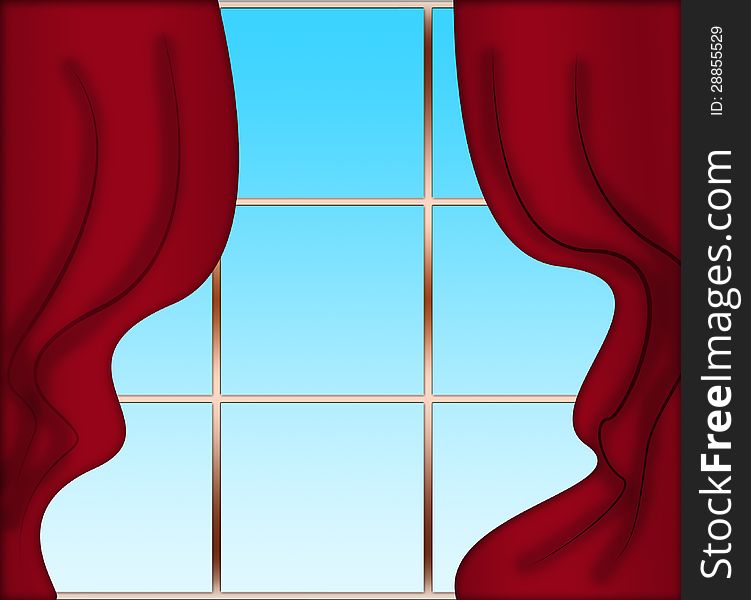 Red curtains and a window towards the blue sky. Red curtains and a window towards the blue sky.