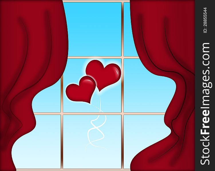Valentines Day Card with red curtains, windows towards a blue sky and red heart-shaped balloons. Valentines Day Card with red curtains, windows towards a blue sky and red heart-shaped balloons