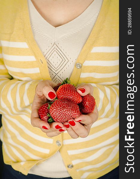 Woman hands holding fresh strawberries. Woman hands holding fresh strawberries