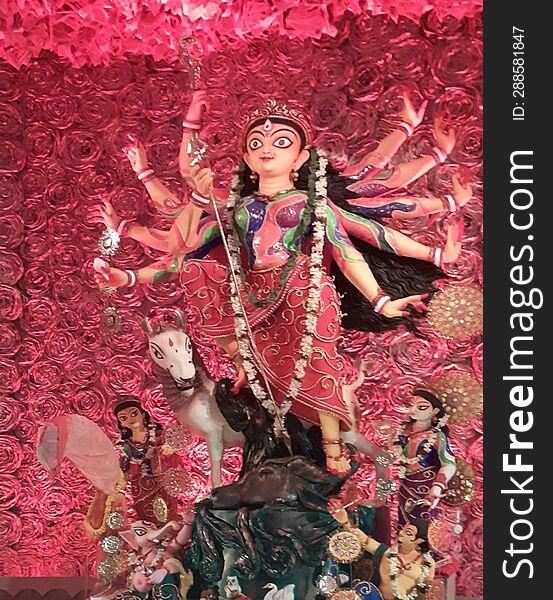 A picture of an idol of goddess Durga during Durga puja, a Hindu festival.