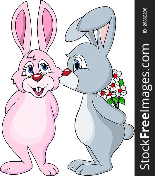 Illustration of rabbit couple kissing