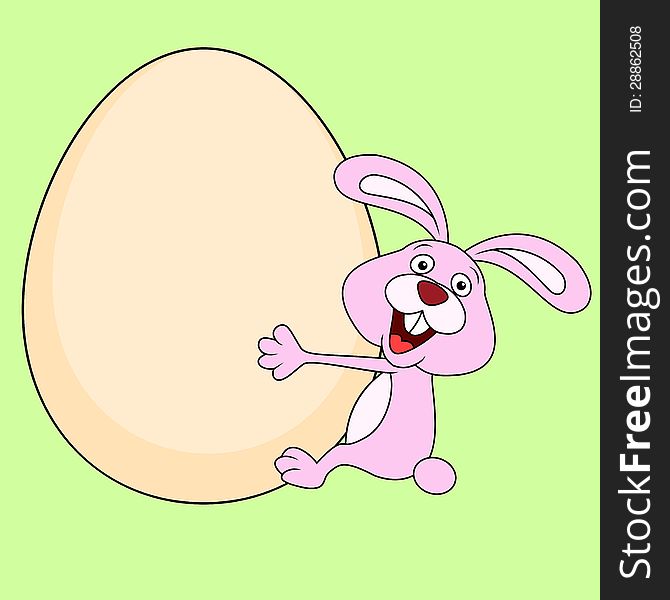 Illustration of rabbit cartoon embracing an egg
