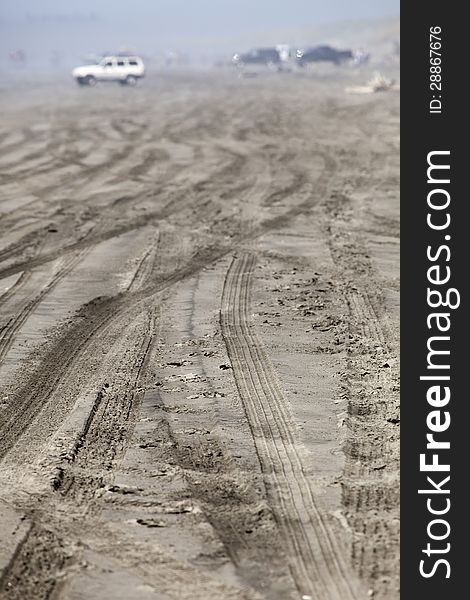 Trucks on the beach in the fog: Fort Stevens State Park, Oregon Coast