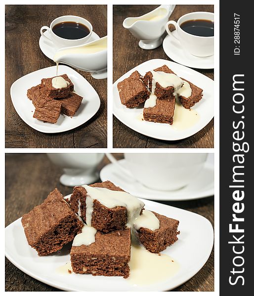 Set of chocolate cake with milk sauce and coffee