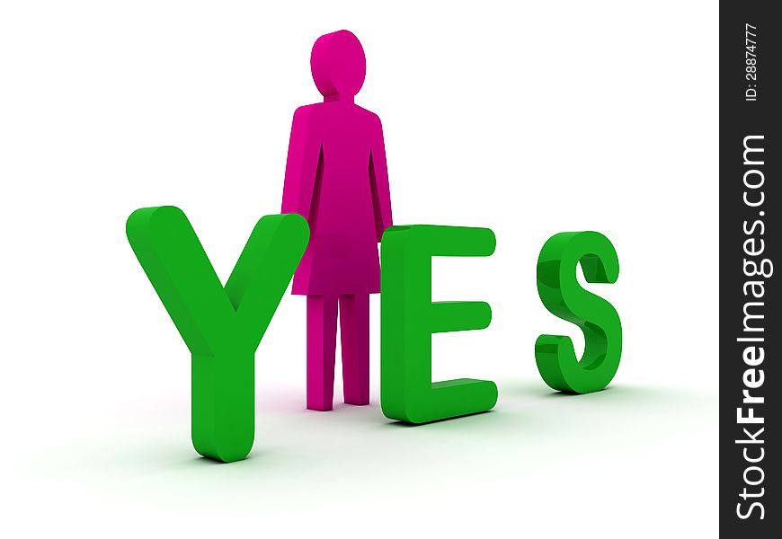 Female figure standing near to an yes icon. Concept 3D illustration