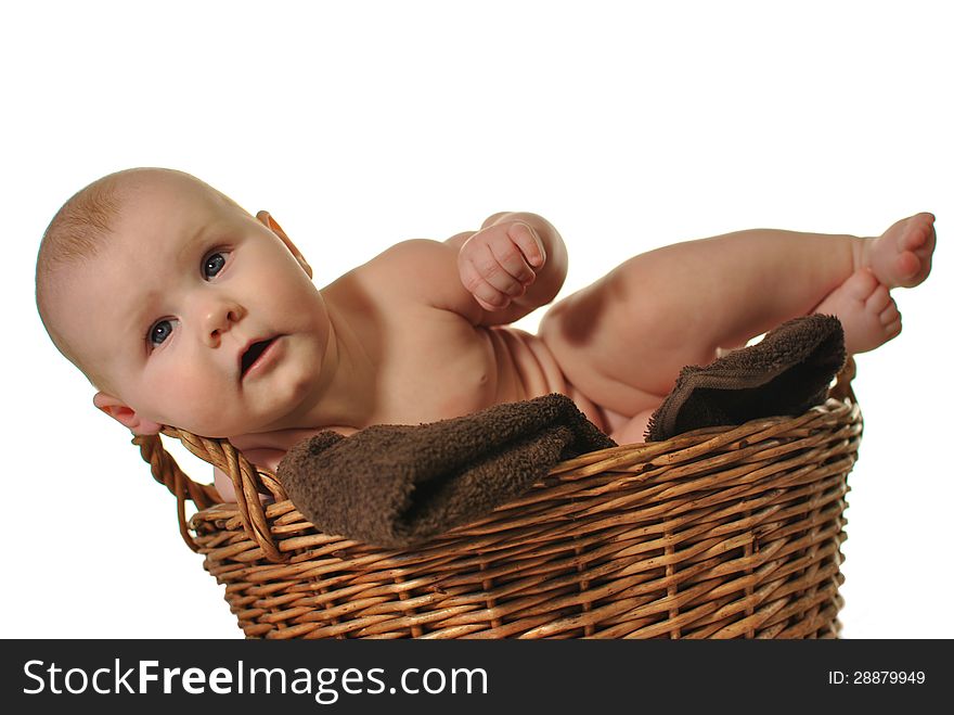 Newborn baby crawling out of the basket on whit background