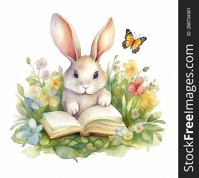 rabbit sits and reads a book on the grass near the river, watercolor