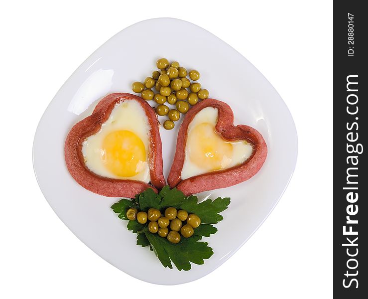 Sausages in the form of two hearts and fried eggs on a white plate isolated on white. Sausages in the form of two hearts and fried eggs on a white plate isolated on white