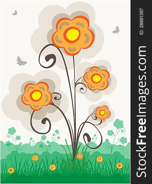Colorful illustration showing colorful flower with ornament elements on green meadow. Colorful illustration showing colorful flower with ornament elements on green meadow.