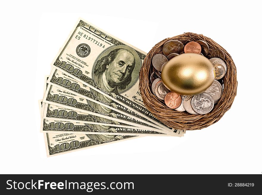 Golden Nest Egg Shown With Lots Of Money