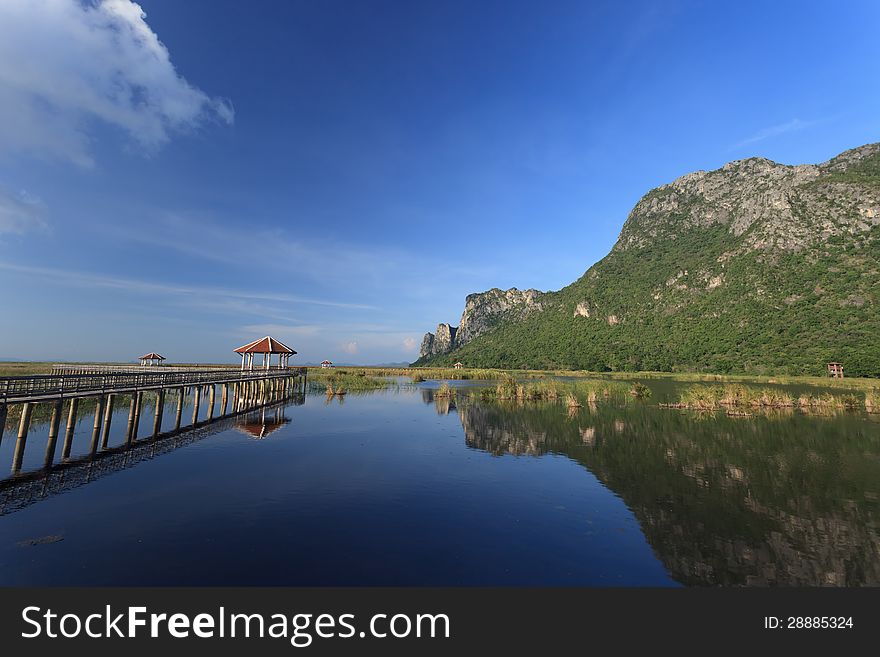 Wooden Bridge in a lake with reflection