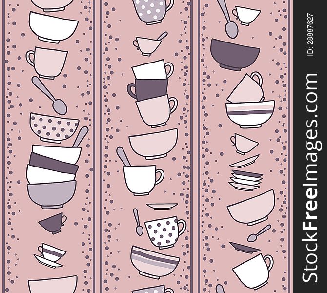 Mugs and plates and spoons. Seamless pattern.