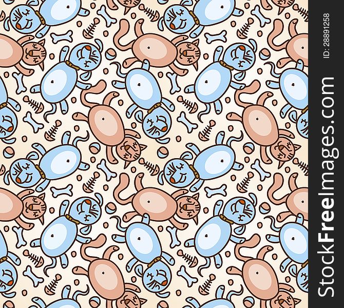 Seamless pattern with funny cats and dogs