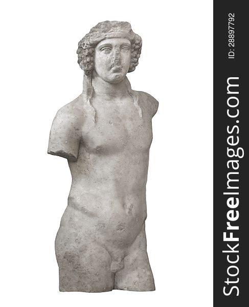 Remains of an ancient marble statue of a Greek man. Isolated on white. Remains of an ancient marble statue of a Greek man. Isolated on white.