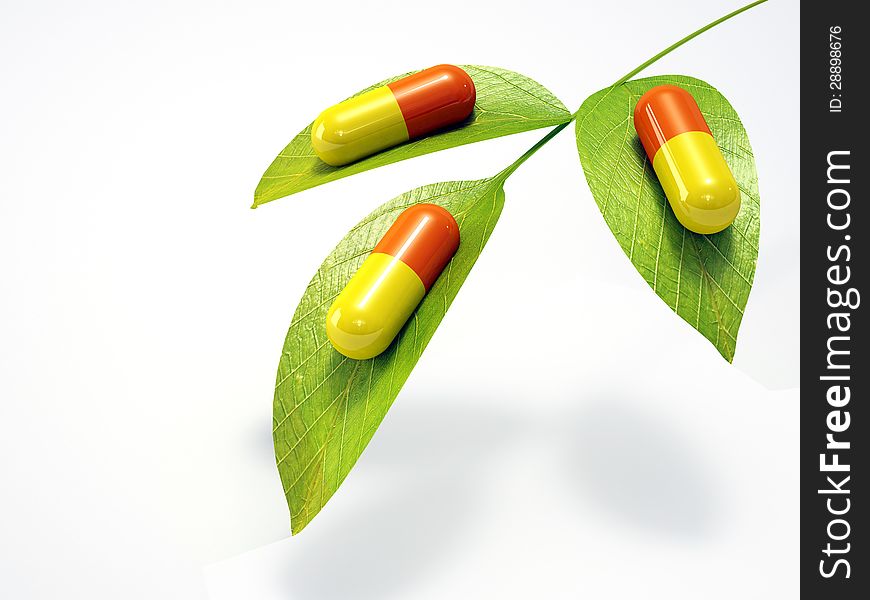 Capsules with green Leaves on white background